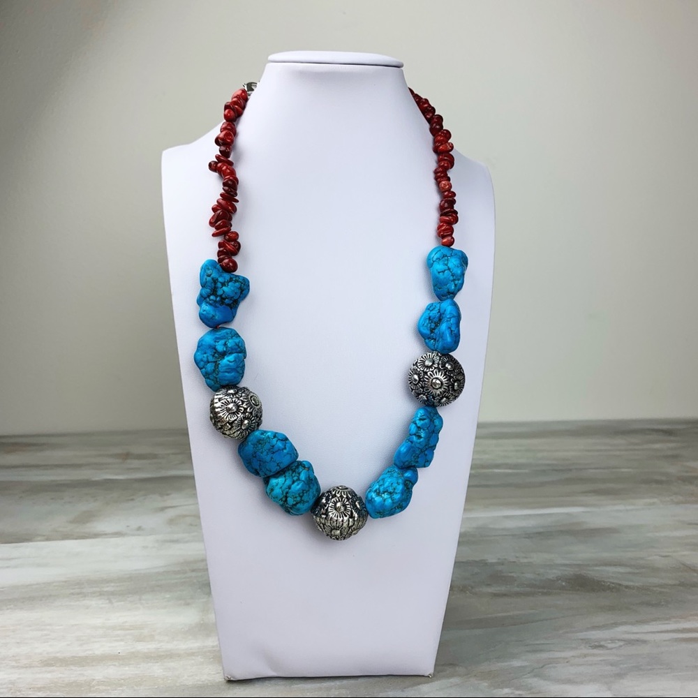 Turquoise & Red Adjustable Statement Necklace - image 1